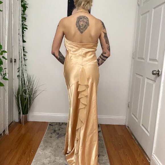 Y2K Vintage Rhinestone Satin Halter Prom Maxi Dress Sleeveless Size M Gold - Picture 5 of 14